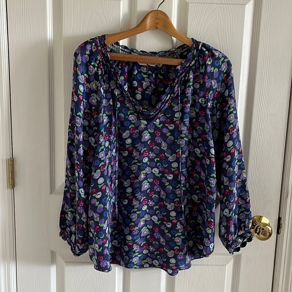Rebecca Taylor 100% Silk Purple Floral Longsleeve V-Neck Size 6 - Picture 2 of 7